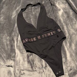 NWT ✨ Savage X Fenty Black Halter Logo Bodysuit with Gold Metallic Accent
